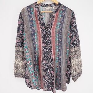 Soft Surroundings Womens Silk Button Up Blouse Large Floral Pleated Boho Tunic